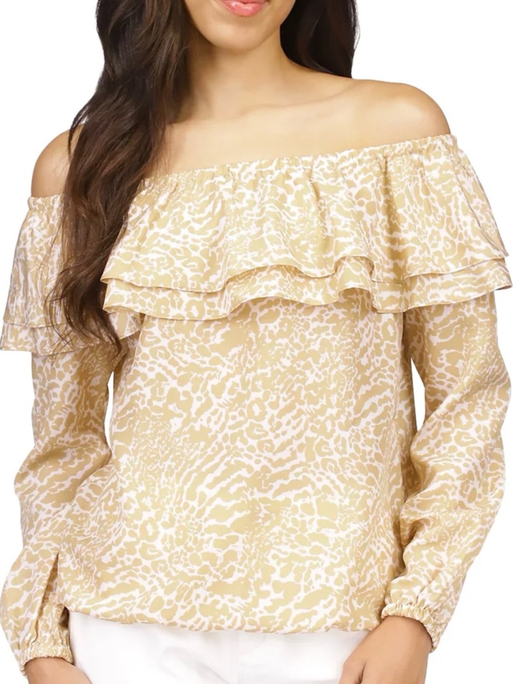 MICHAEL Michael Kors Beige and White Off-Shoulder Ruffle Blouse